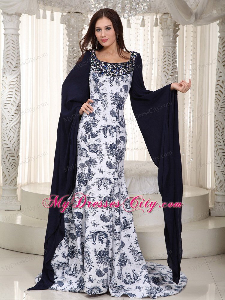 Square Floral Printing Back Out Prom Dress with Long Sleeves