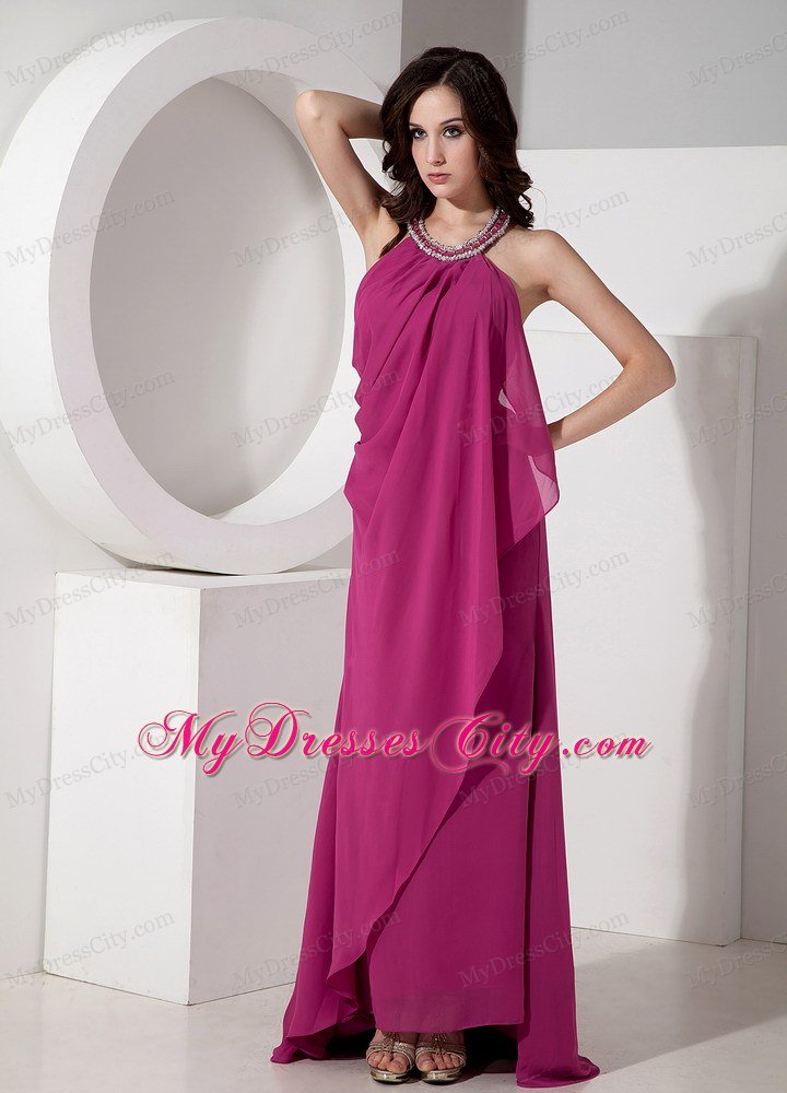 Beaded Halter Top Fuchsia Prom Dress Layered Ruching Chiffon