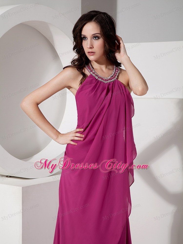 Beaded Halter Top Fuchsia Prom Dress Layered Ruching Chiffon