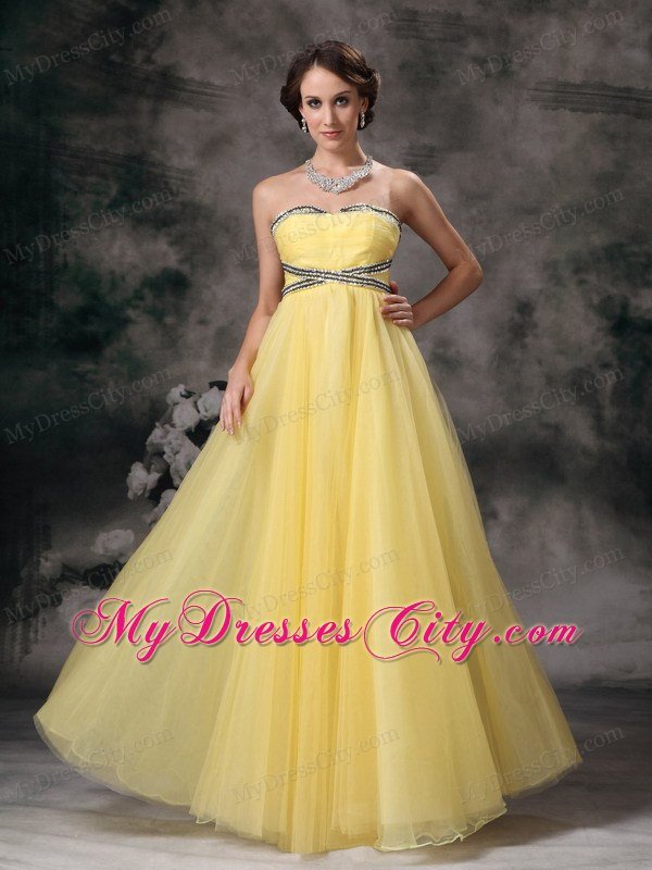 Beading Light Yellow Tulle Prom Dress with the Back Covered