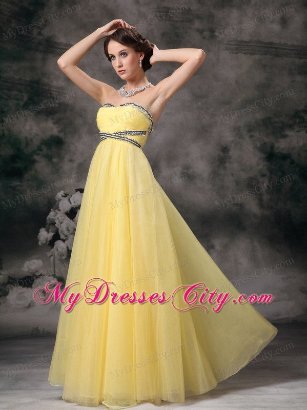 Beading Light Yellow Tulle Prom Dress with the Back Covered