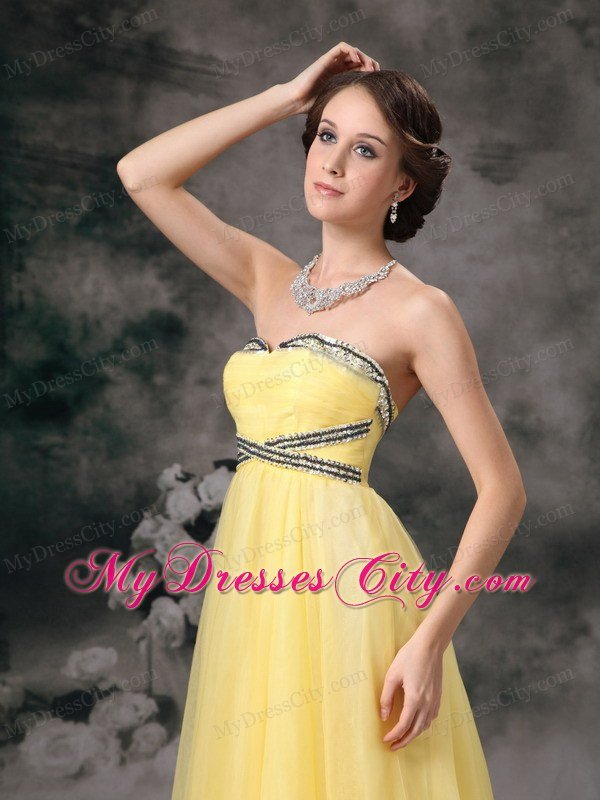 Beading Light Yellow Tulle Prom Dress with the Back Covered