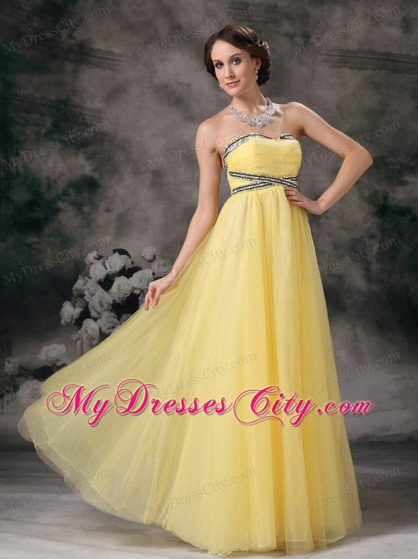 Beading Light Yellow Tulle Prom Dress with the Back Covered