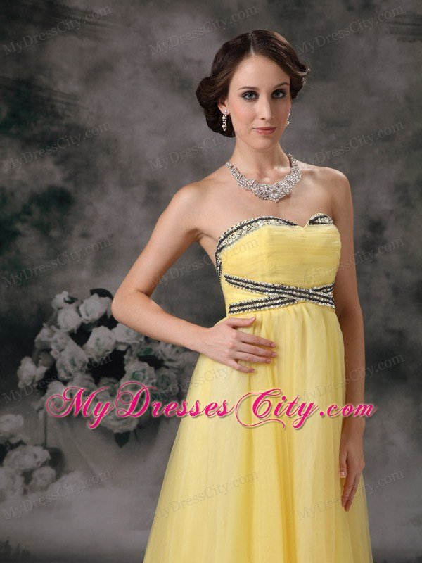 Beading Light Yellow Tulle Prom Dress with the Back Covered