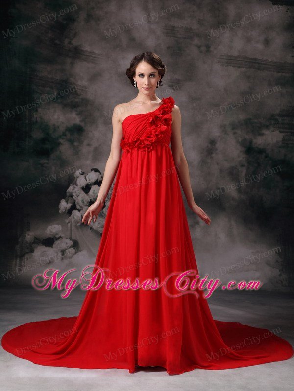 One Shoulder Flowers Red Prom Evening Dress Chiffon Court Train