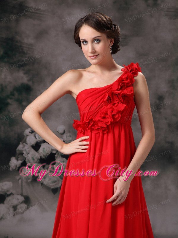 One Shoulder Flowers Red Prom Evening Dress Chiffon Court Train