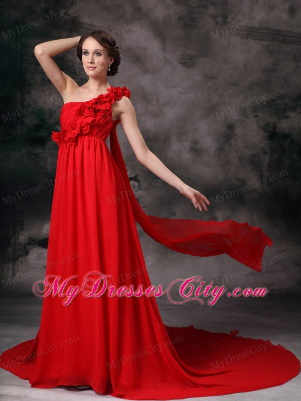 One Shoulder Flowers Red Prom Evening Dress Chiffon Court Train