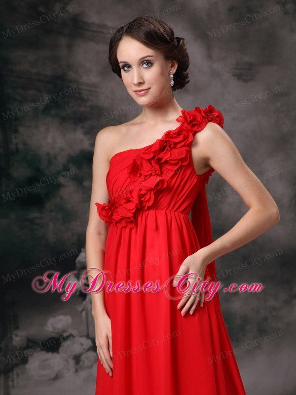 One Shoulder Flowers Red Prom Evening Dress Chiffon Court Train