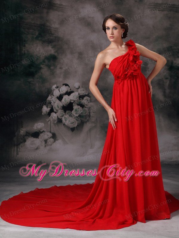 One Shoulder Flowers Red Prom Evening Dress Chiffon Court Train