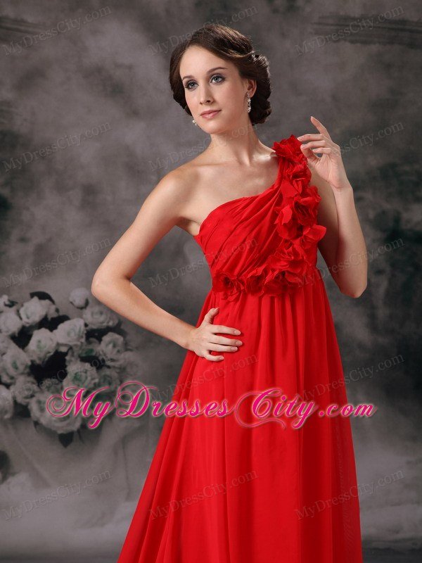 One Shoulder Flowers Red Prom Evening Dress Chiffon Court Train