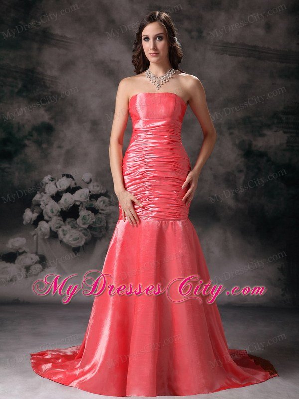 Watermelon Red Mermaid Prom Dress Ruched Paillette Train