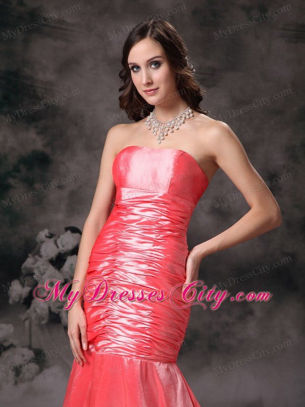 Watermelon Red Mermaid Prom Dress Ruched Paillette Train