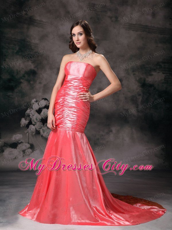 Watermelon Red Mermaid Prom Dress Ruched Paillette Train