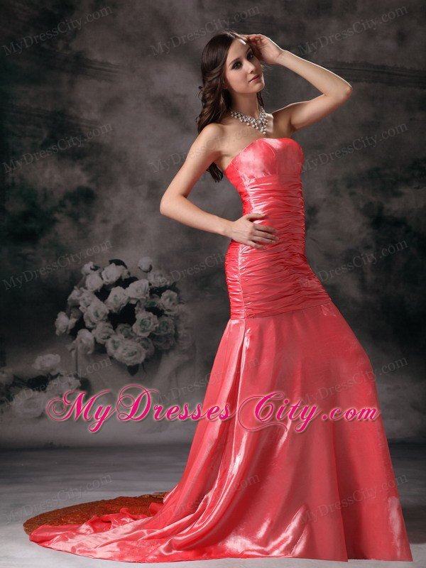 Watermelon Red Mermaid Prom Dress Ruched Paillette Train