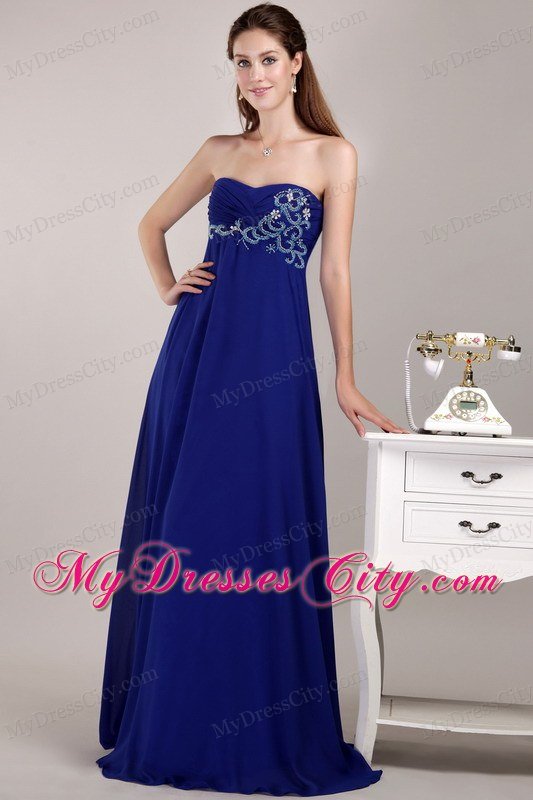 Royal Blue Empire Floor-length Chiffon Beaded Dress for Prom