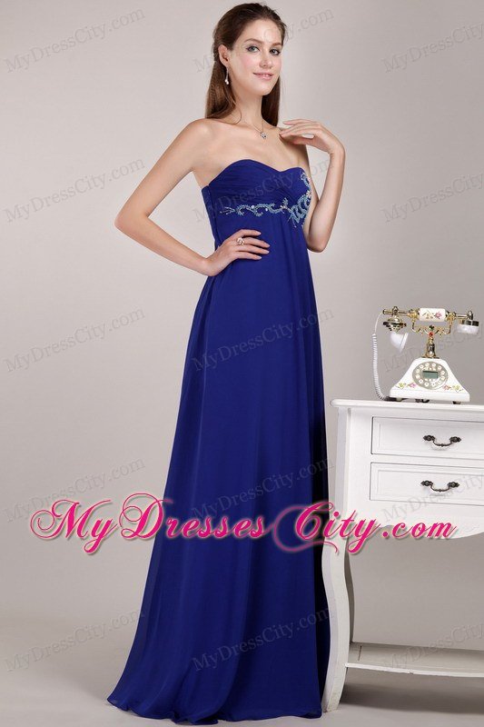 Royal Blue Empire Floor-length Chiffon Beaded Dress for Prom