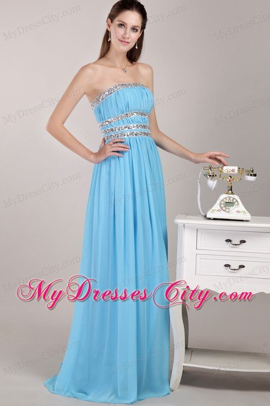 Aqua Blue Empire Strapless Floor-length Beaded Prom Dress