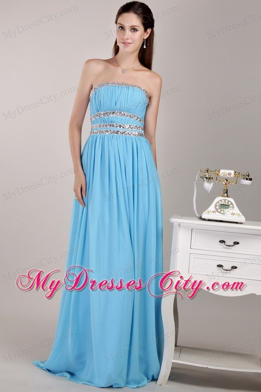 Aqua Blue Empire Strapless Floor-length Beaded Prom Dress