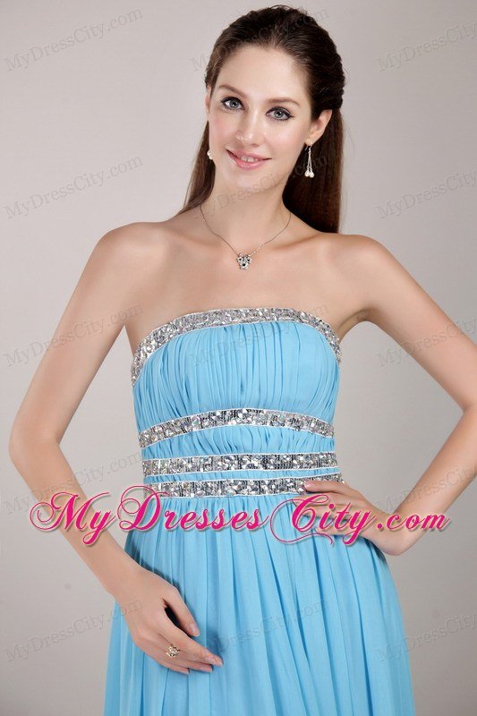 Aqua Blue Empire Strapless Floor-length Beaded Prom Dress