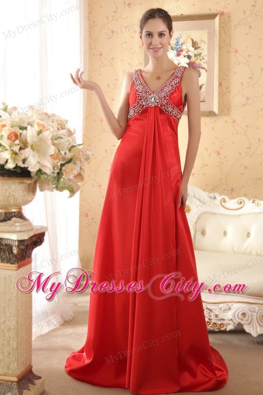 Gorgeous Red V-neck Brush Train Beaded Prom Dress with Backless