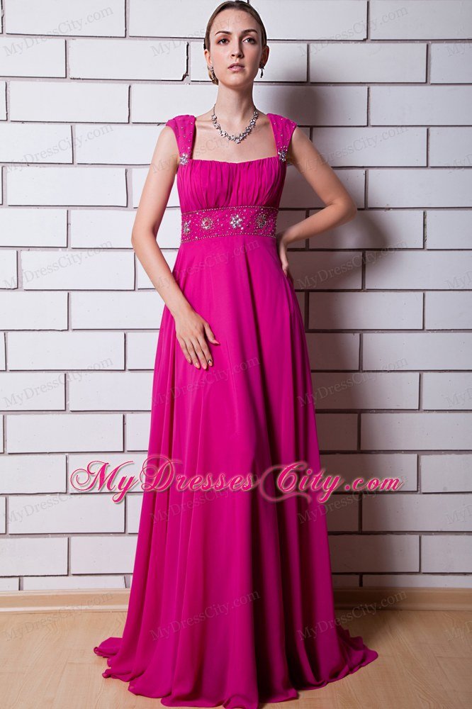 Beaded Chiffon Empire Straps Floor-length Hot Pink Prom Dress