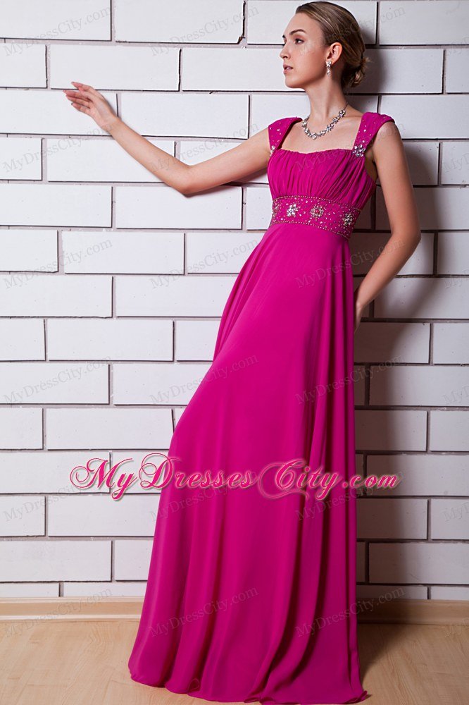 Beaded Chiffon Empire Straps Floor-length Hot Pink Prom Dress