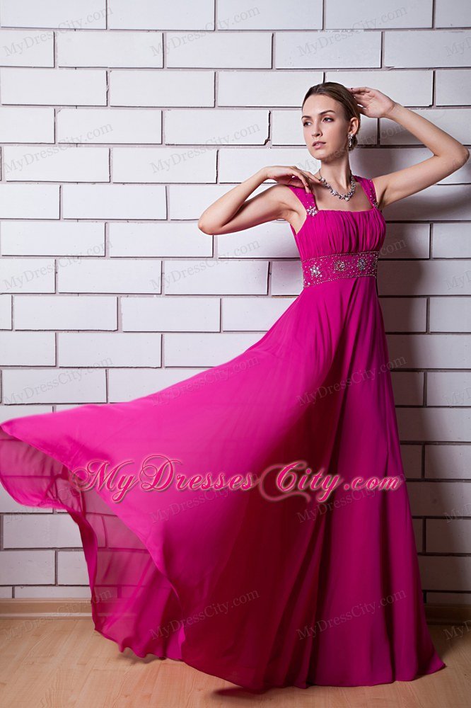 Beaded Chiffon Empire Straps Floor-length Hot Pink Prom Dress