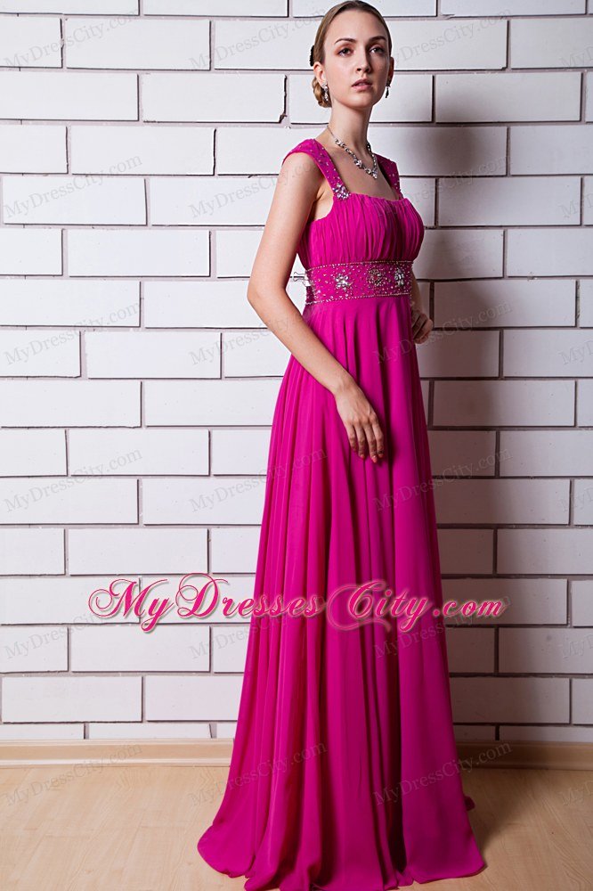 Beaded Chiffon Empire Straps Floor-length Hot Pink Prom Dress