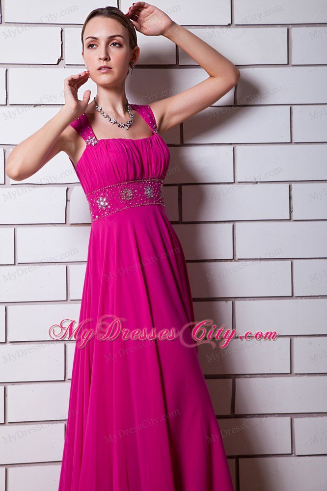 Beaded Chiffon Empire Straps Floor-length Hot Pink Prom Dress