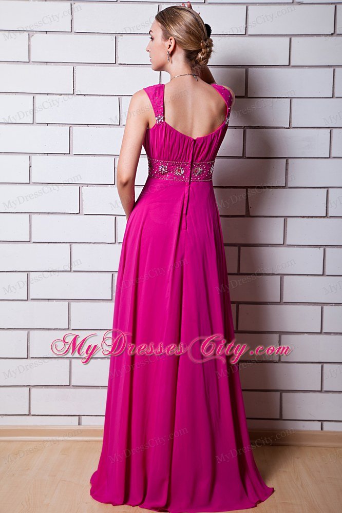 Beaded Chiffon Empire Straps Floor-length Hot Pink Prom Dress