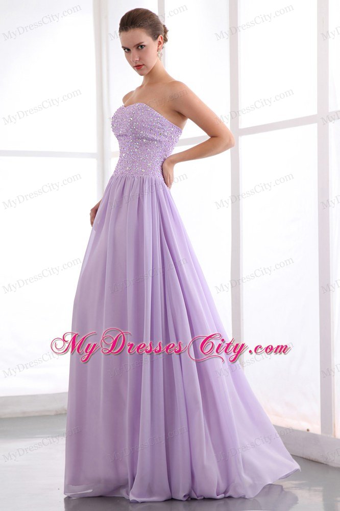 Lavender Empire Strapless Floor-length Beaded Dress for Prom