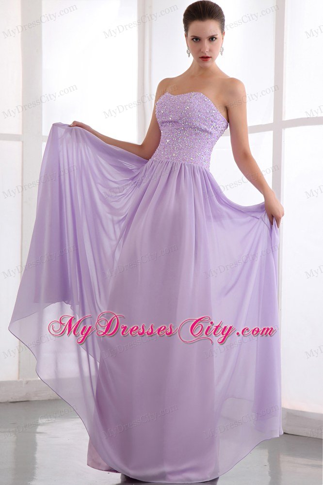 Lavender Empire Strapless Floor-length Beaded Dress for Prom