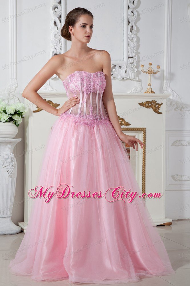 Baby Pink Column Strapless Appliques Brush Train Prom Dress