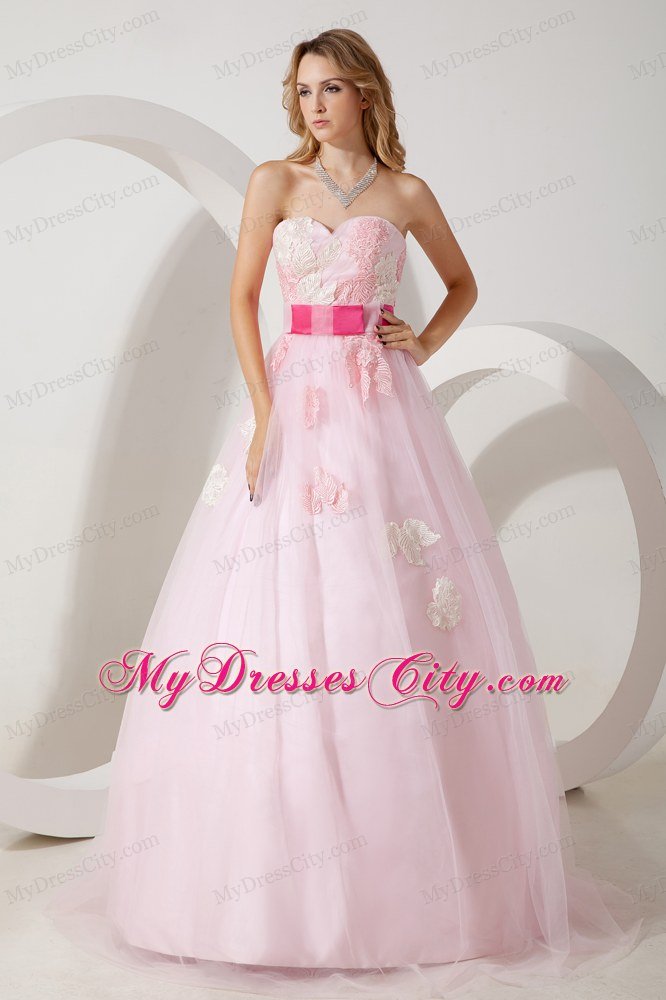 Baby Pink Tulle Appliques Floor-length A-line Dress for Prom