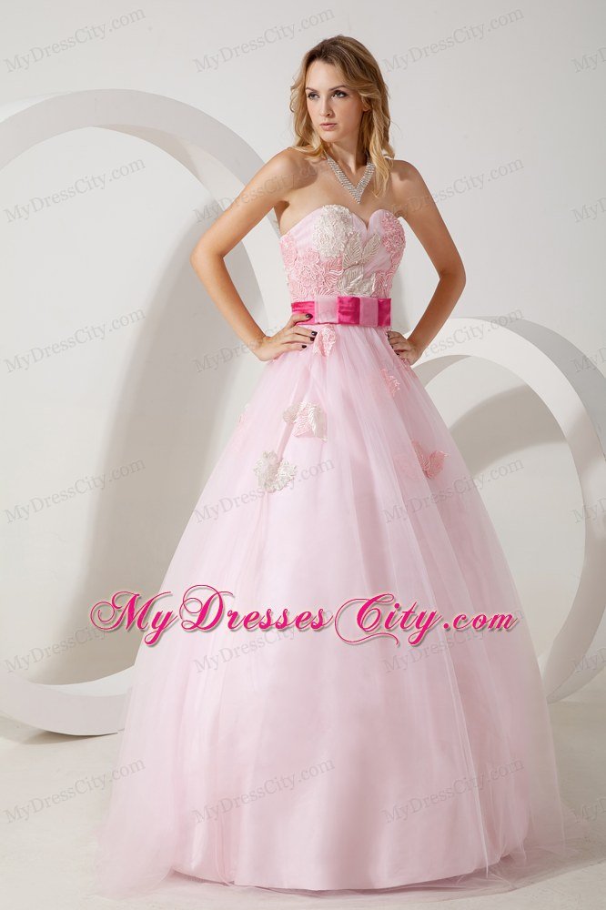 Baby Pink Tulle Appliques Floor-length A-line Dress for Prom