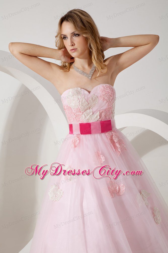 Baby Pink Tulle Appliques Floor-length A-line Dress for Prom