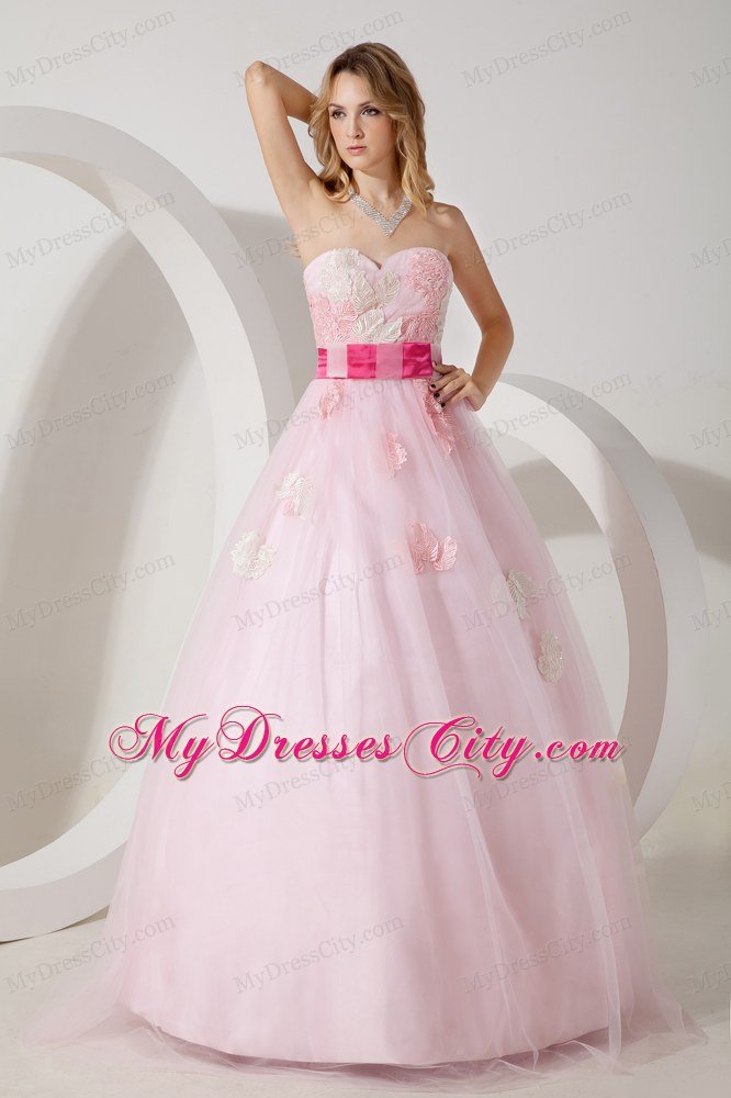 Baby Pink Tulle Appliques Floor-length A-line Dress for Prom