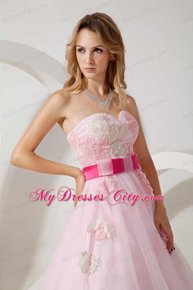 Baby Pink Tulle Appliques Floor-length A-line Dress for Prom