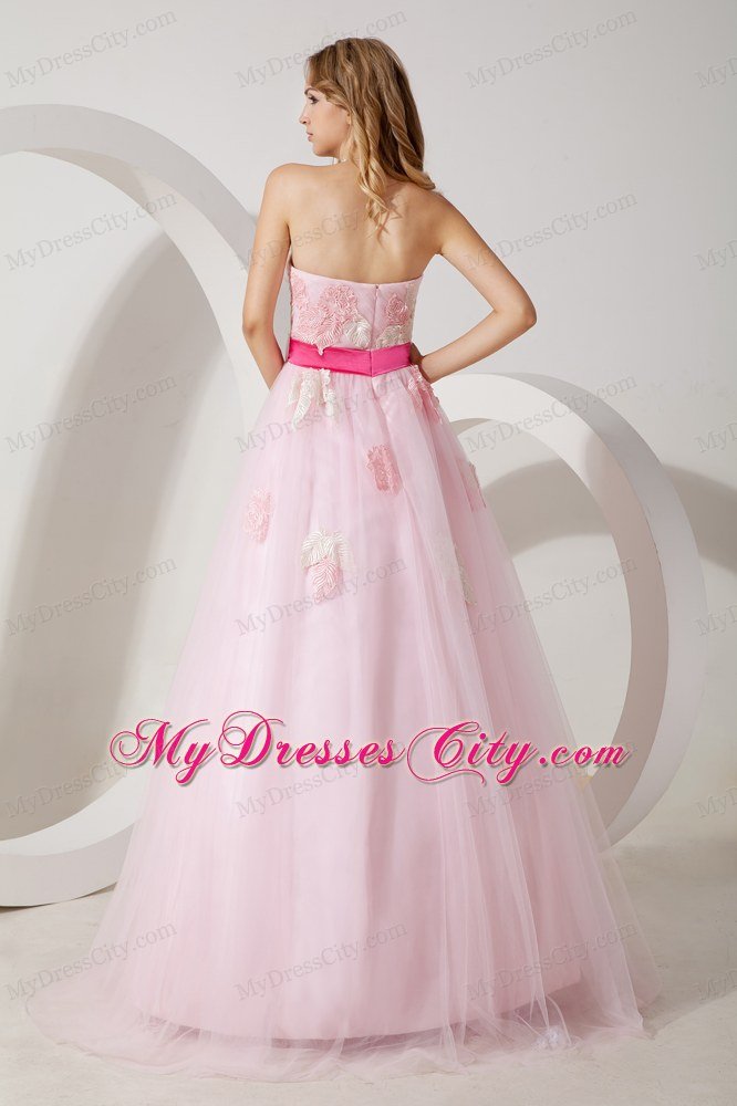 Baby Pink Tulle Appliques Floor-length A-line Dress for Prom