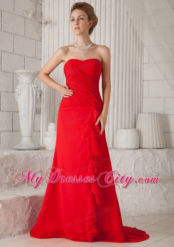 Red A-Line Strapless Court Train Chiffon Ruched Prom Dress