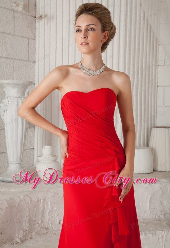 Red A-Line Strapless Court Train Chiffon Ruched Prom Dress