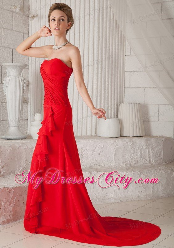 Red A-Line Strapless Court Train Chiffon Ruched Prom Dress