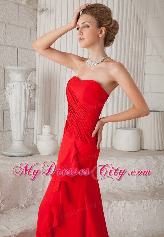 Red A-Line Strapless Court Train Chiffon Ruched Prom Dress