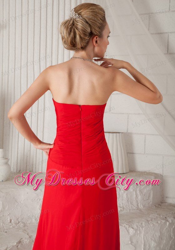 Red A-Line Strapless Court Train Chiffon Ruched Prom Dress