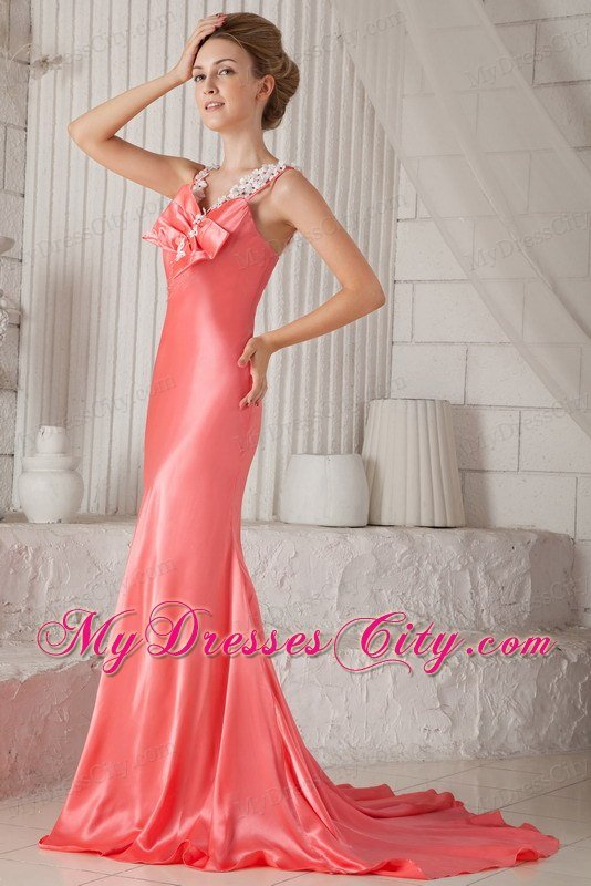 Watermelon Column Flower Straps Brush Train Beaded Prom Dress