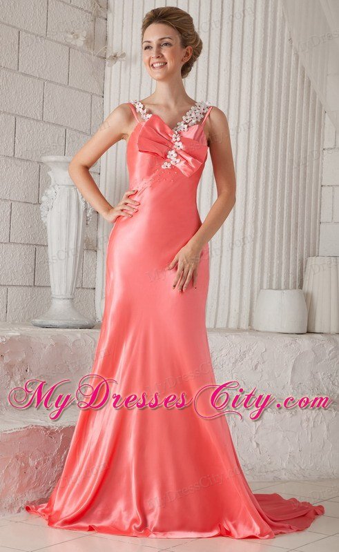 Watermelon Column Flower Straps Brush Train Beaded Prom Dress