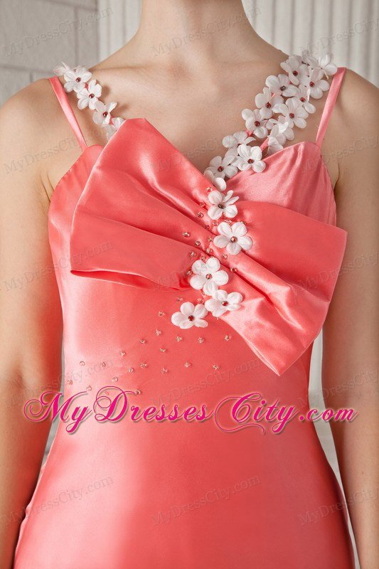 Watermelon Column Flower Straps Brush Train Beaded Prom Dress