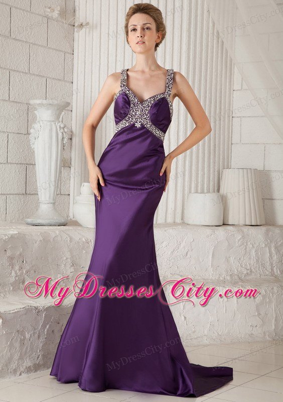 Eggplant Purple Mermaid Straps Brush Train Beaded Prom Dress