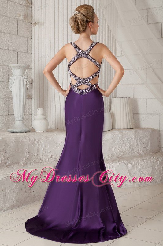 Eggplant Purple Mermaid Straps Brush Train Beaded Prom Dress