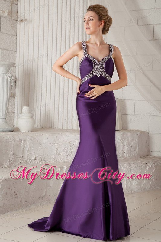 Eggplant Purple Mermaid Straps Brush Train Beaded Prom Dress